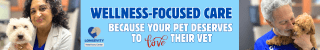 Banner promoting wellness-focused veterinary care with a heartwarming message.
