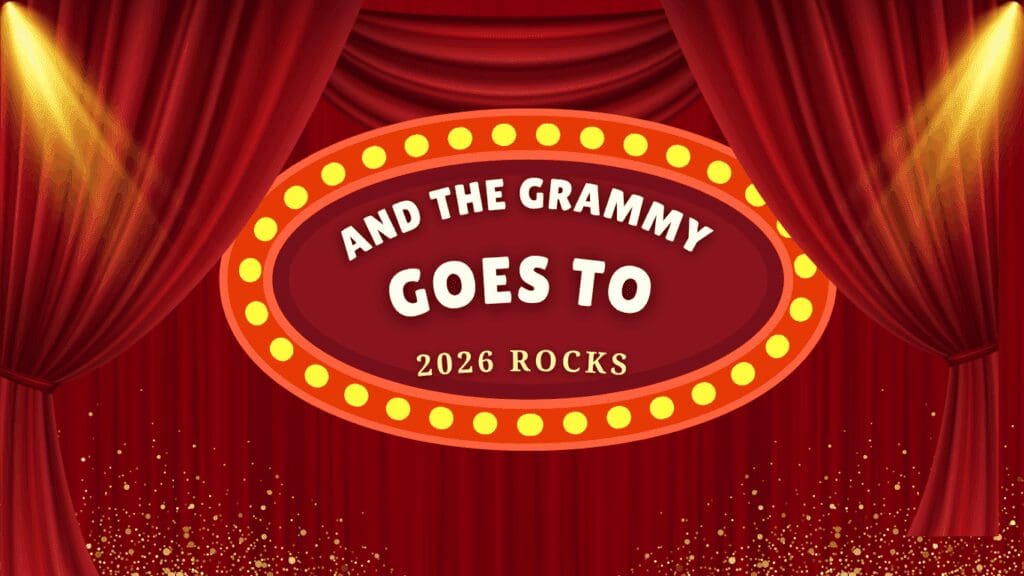 A bright marquee announces 'And The Grammy Goes To 2026 Rocks'.