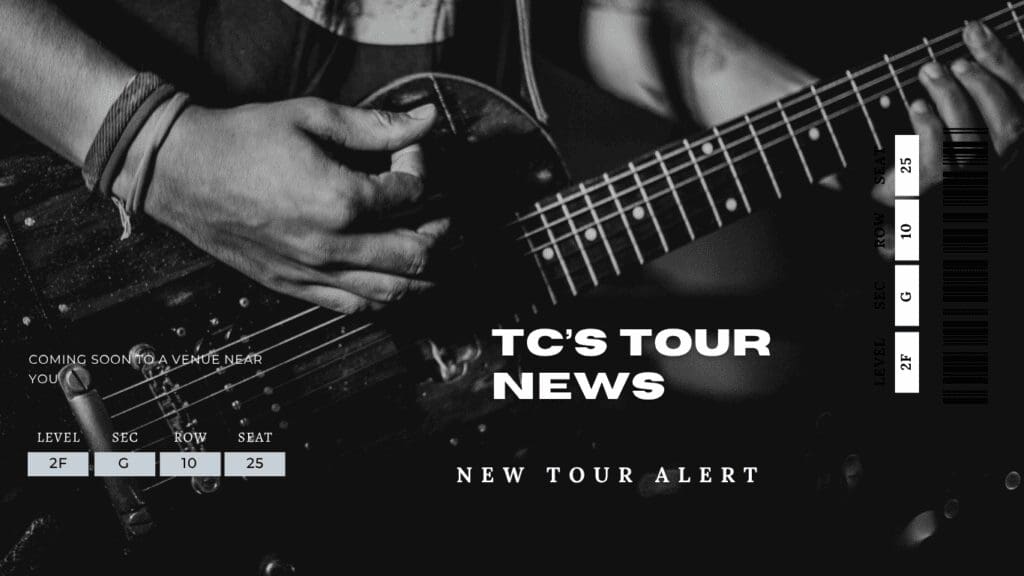 Guitarist playing with tour announcement text.