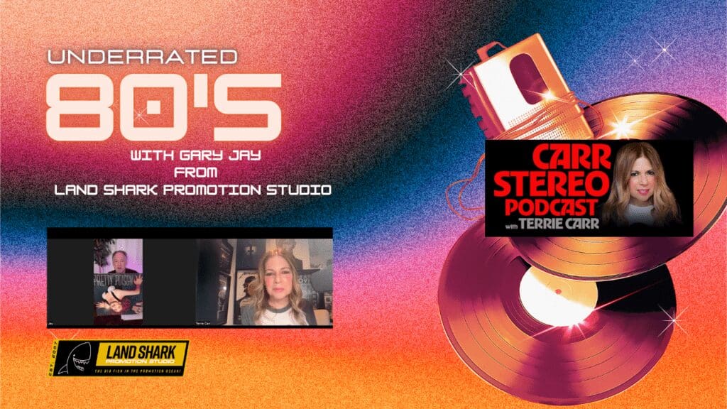 80s podcast promotion with vinyl records.