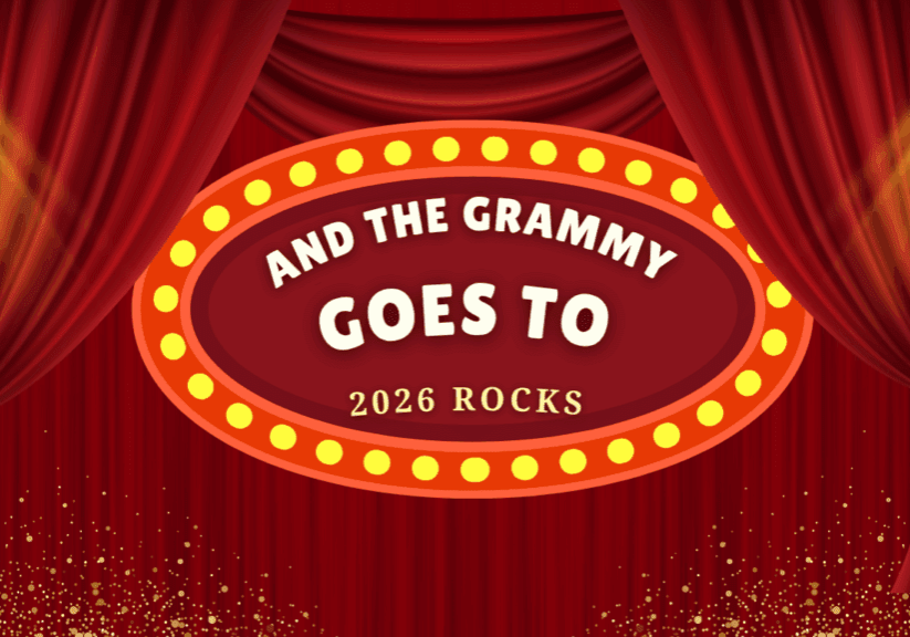 A bright marquee announces 'And The Grammy Goes To 2026 Rocks'.