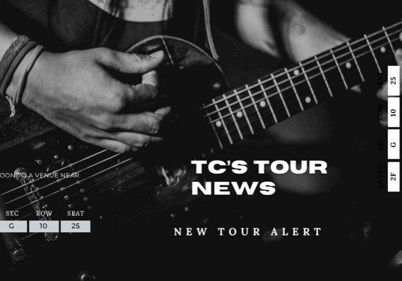 Guitarist playing with tour announcement text.