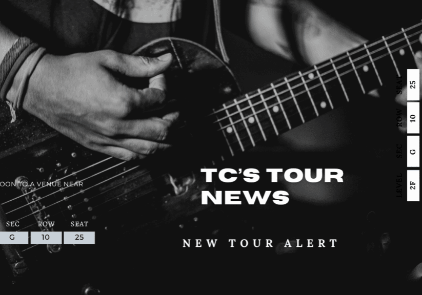 Guitarist playing with tour announcement text.
