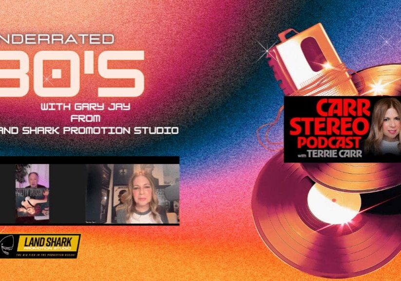 80s podcast promotion with vinyl records.